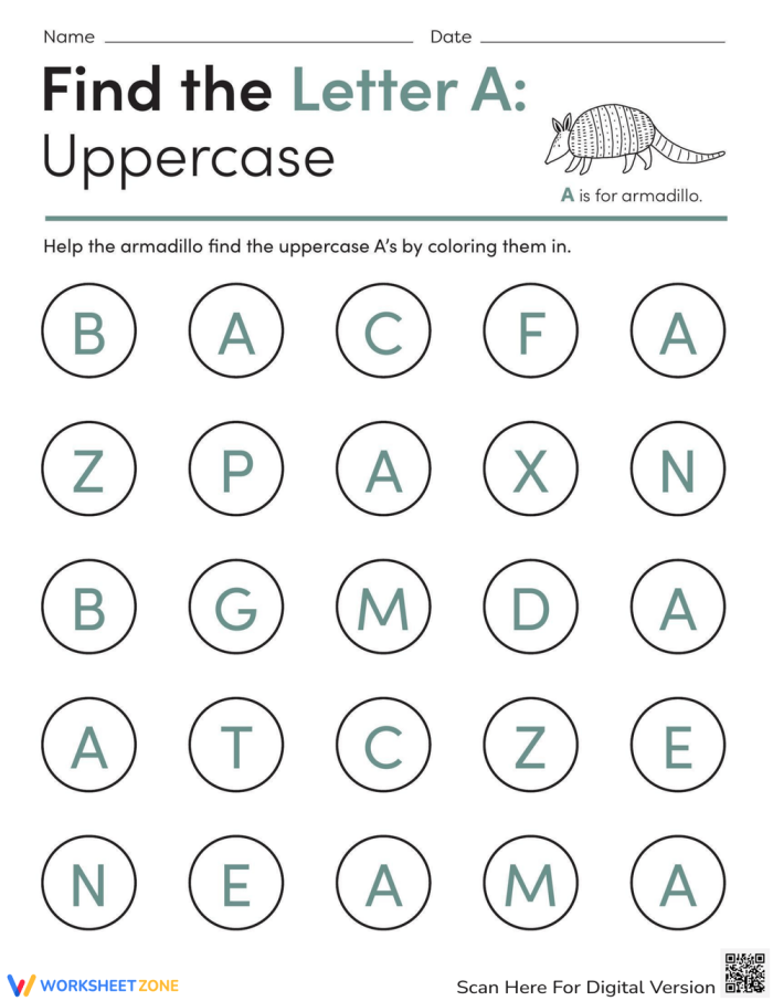Pre-K worksheet featuring an armadillo mascot to help children practice finding and identifying uppercase letter A