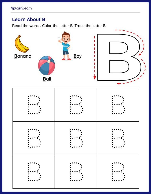 Uppercase B recognition exercise featuring a bear seeking letters B in various positions Worksheet for Pre-K students to locate uppercase B's with a friendly bear character