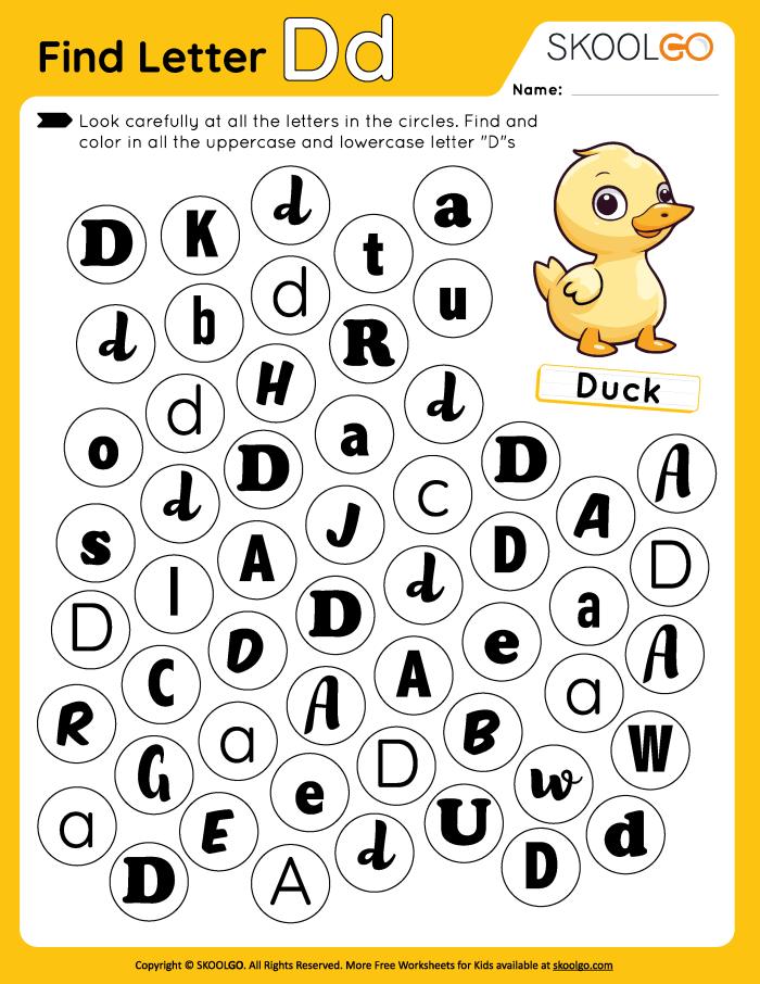 Worksheet featuring a duck searching for uppercase D's to enhance letter recognition skills