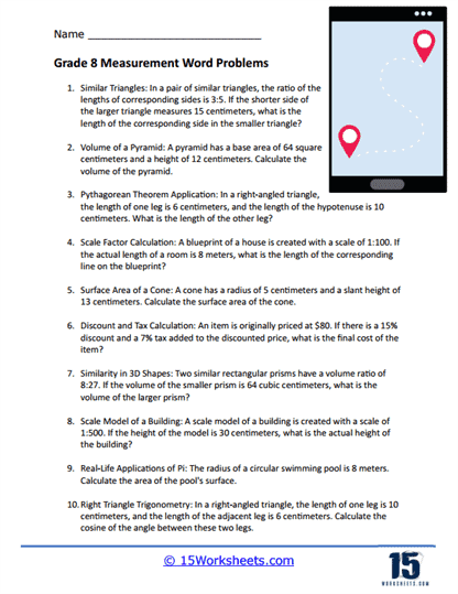 Seventh grade student worksheet about calculating actual room areas from floor plan scale drawings