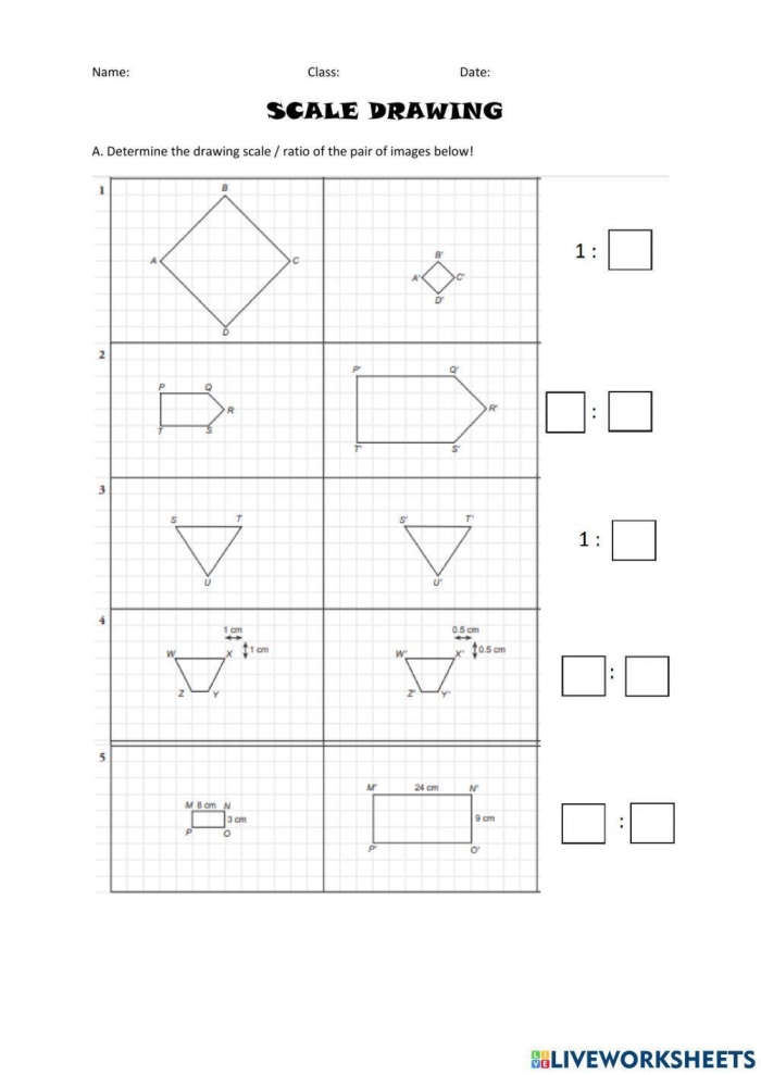 Seventh grade math worksheet featuring a floor plan with scale drawings for calculating actual room areas