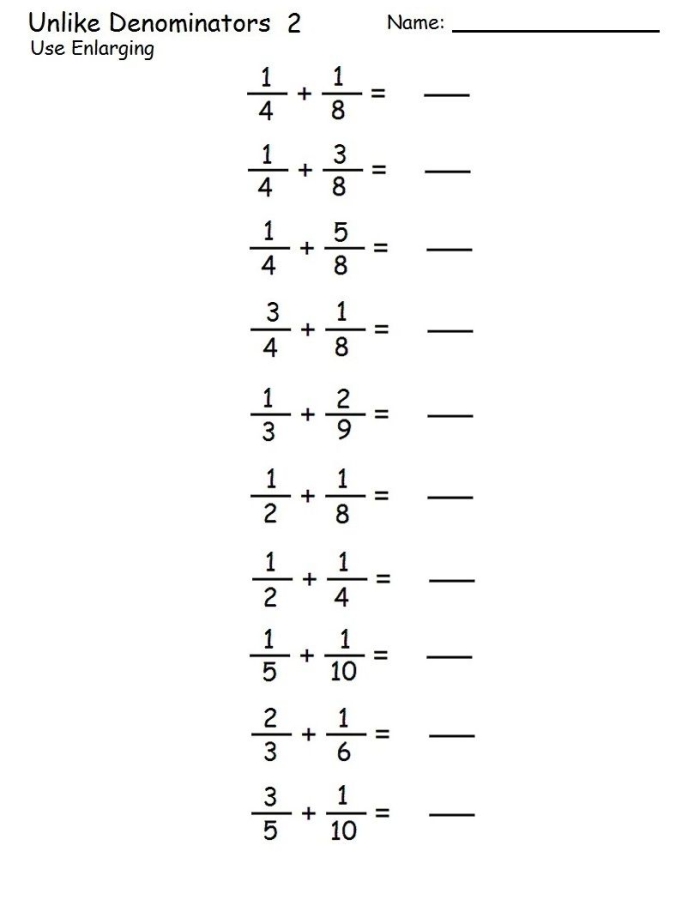 Fifth grade math worksheet comparing two methods for finding common denominators