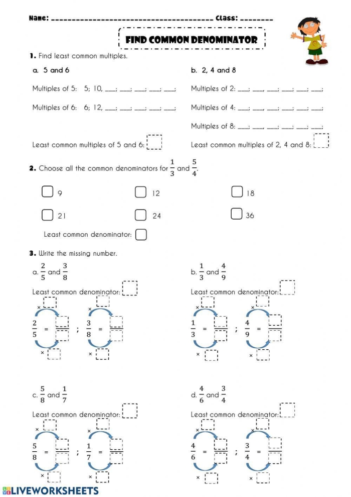 Two methods for finding common denominators displayed on educational cards for fifth grade math