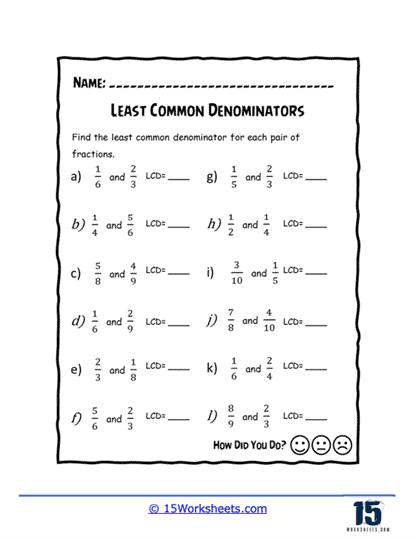 Fifth grade worksheet featuring two distinct methods for finding common denominators in fraction problems