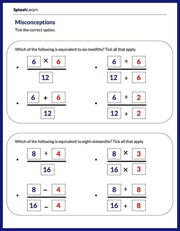 Worksheet illustrating equivalent fractions through multiplication and division for fourth-grade students