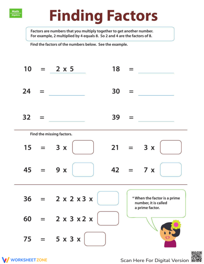 Fourth grade student completing a multiplication and finding factors worksheet