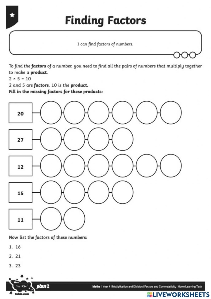 Fourth grade math worksheet showing multiplication problems and factor pairs for students to practice finding factors