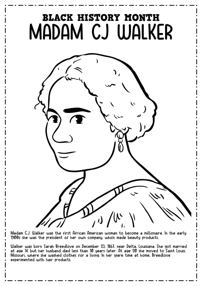 Worksheet for fourth graders on finding the main idea about Madam C.J. Walker's achievements. Educational resource focused on the first self-made female millionaire in the U.S.