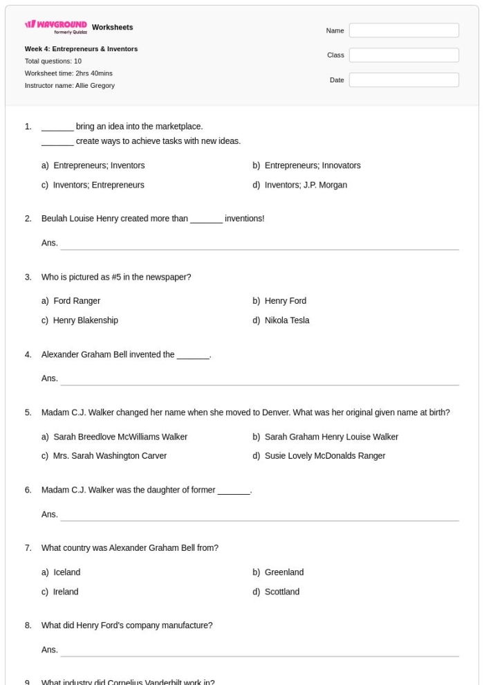 Fourth grade reading comprehension worksheet about Madam C.J. Walker focusing on finding the main idea