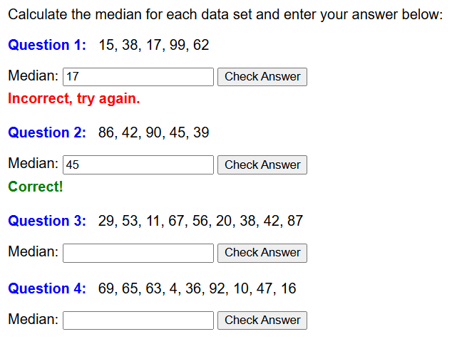 Sixth grade students finding the median value from a data set on a practice worksheet