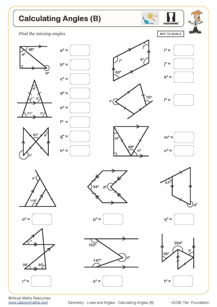 What's the Angle? exercise for students to practice angle measurement Worksheet for finding missing angles in geometry for fourth graders