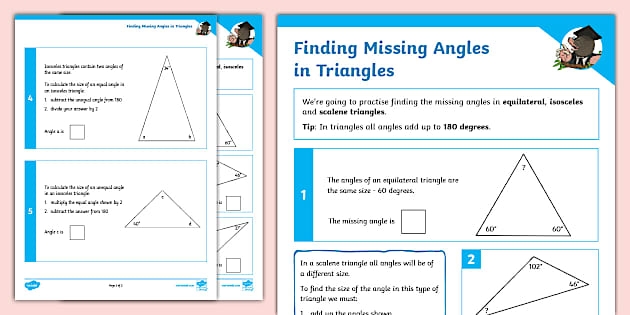 Worksheet featuring the Triangle Angle Sum Theorem for finding missing angles in triangles. Eighth-grade geometry practice on calculating interior angles in triangles.