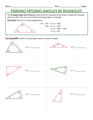 Worksheet for finding missing angles in triangles for eighth-grade students