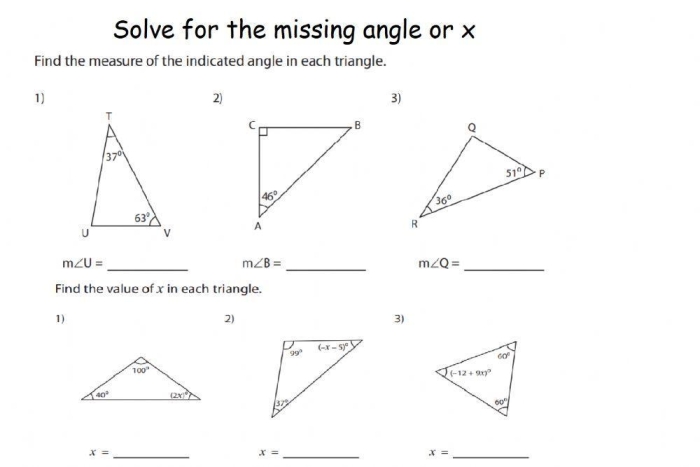 Eighth grade geometry worksheet featuring practice problems for calculating missing interior triangle angles