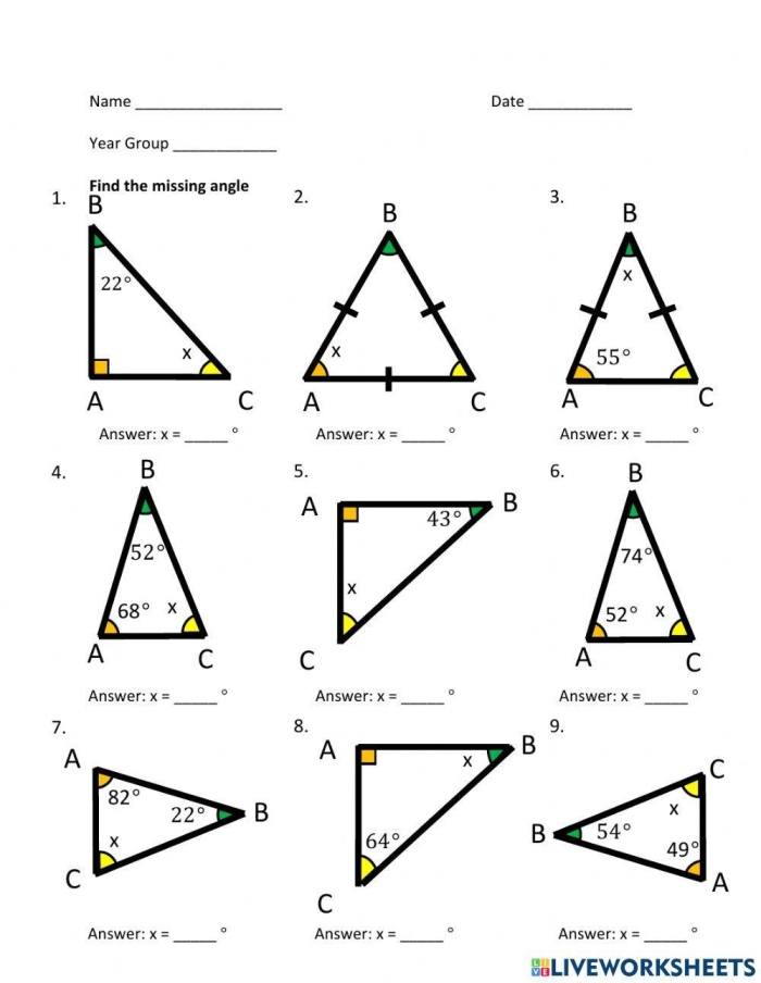 Worksheet illustrating the Triangle Angle Sum Theorem for finding missing angles in triangles