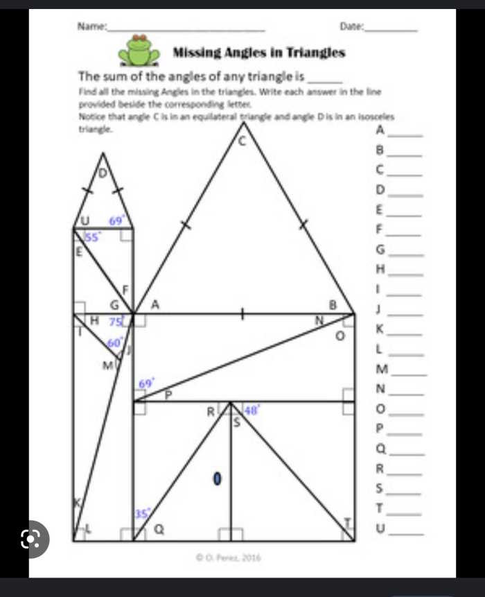 Worksheet for calculating missing angles in triangles using the Triangle Angle Sum Theorem