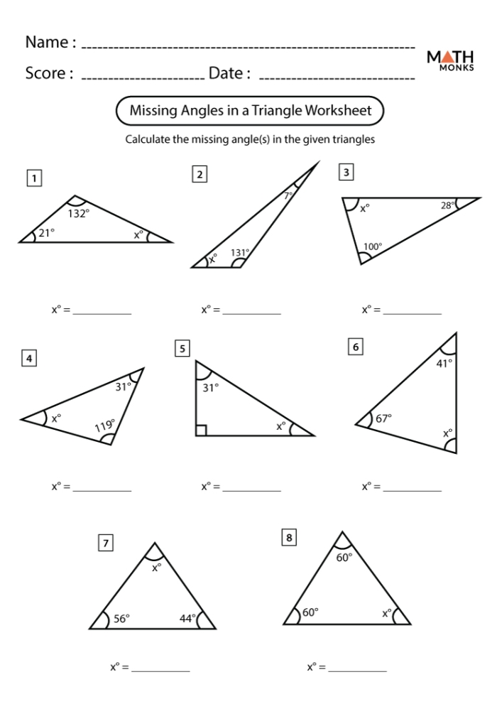 Eighth grade math worksheet showing how to calculate the third missing angle in a triangle