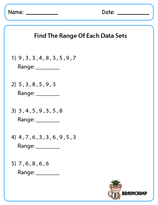 Finding the Range Worksheet for Grade 6 Math Lesson 10 Sixth grade math worksheet featuring practice problems for calculating the range of data sets