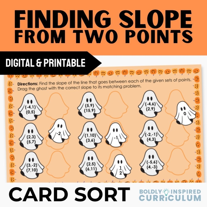 Worksheet image illustrating a hands-on card sort activity for finding slope from a graph. Engaging card sort exercise for eighth graders practicing graph slope determination.