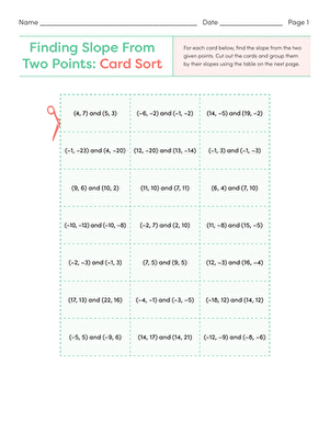 Card sort worksheet for eighth graders practicing how to find slope from a graph
