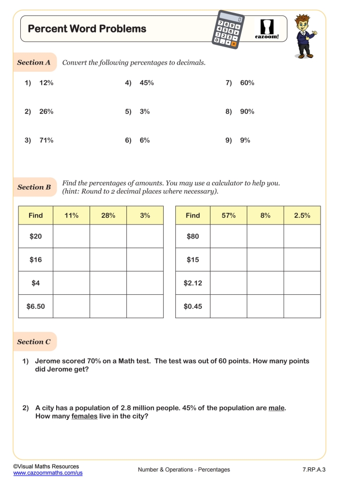 Sixth grade math worksheet focused on calculating the whole value from a given percentage