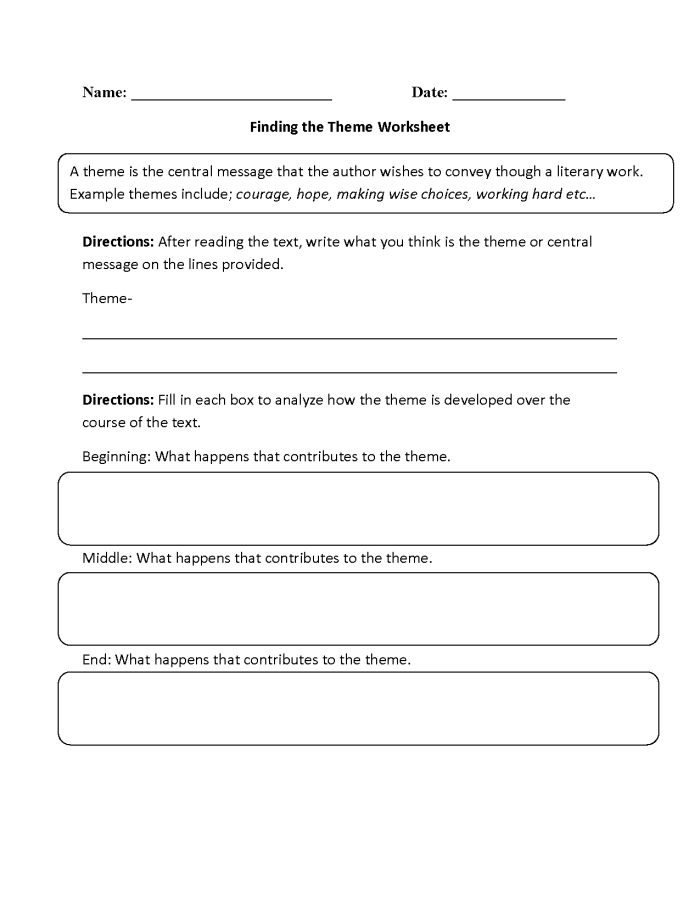 Worksheet illustration for fourth graders focusing on identifying the theme in a story through comprehension questions. Educational resource titled "Finding the Theme" for multiplication practice.