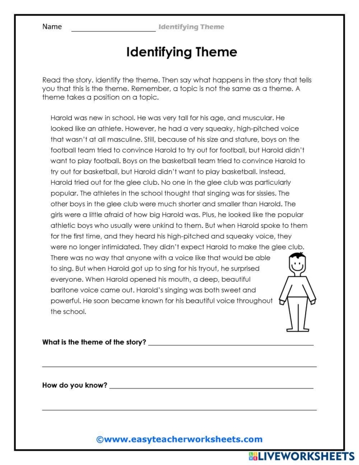 Worksheet for fourth-grade students focusing on finding the theme in a story through a short passage and questions