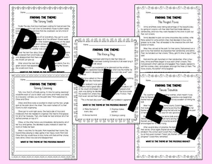 Worksheet featuring a passage and questions for finding the theme in a story for fourth graders