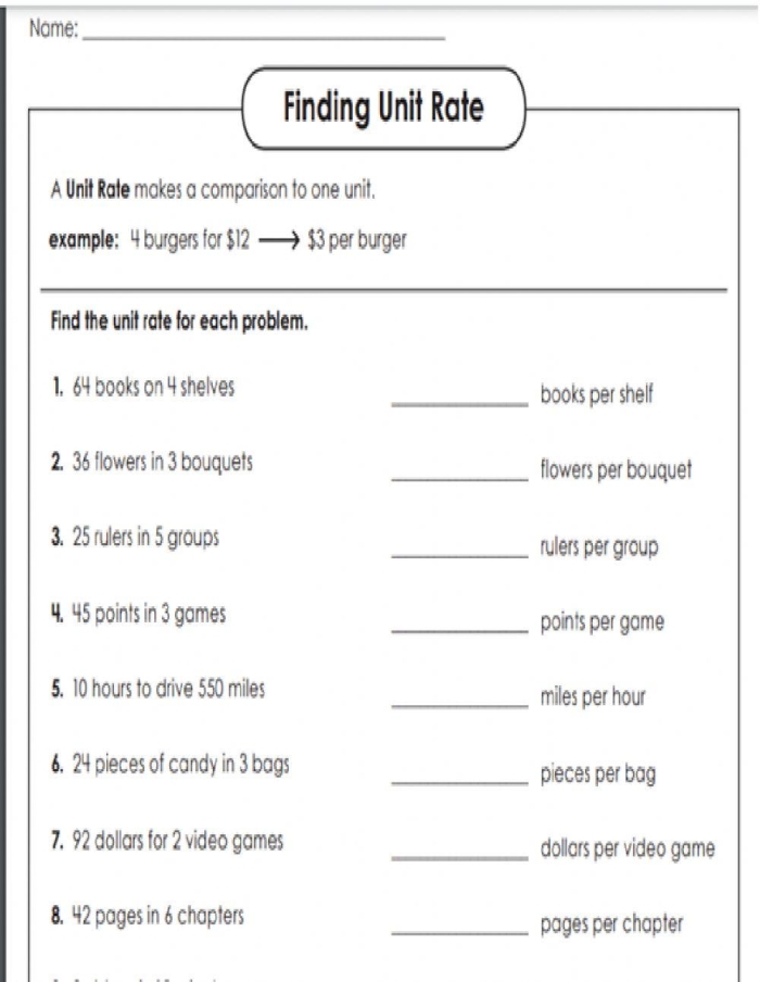 Finding Unit Rates Maze Worksheet Image 8 Sixth grade math worksheet featuring a Finding Unit Rates Maze activity for rational numbers