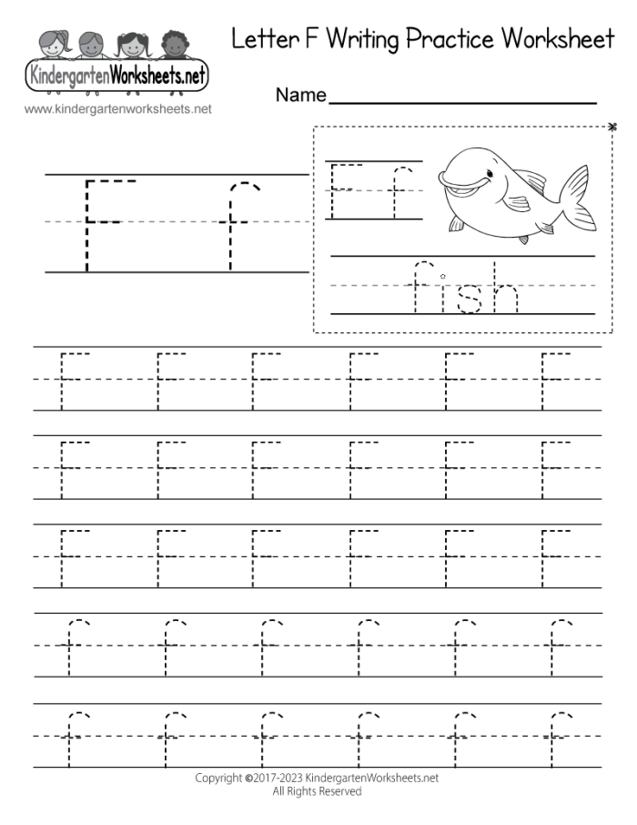 Reading worksheet for Pre-K Practice Tracing the Letter F worksheet for preschoolers focusing on fine motor skills. Engaging activity to help children learn to write the letter F.