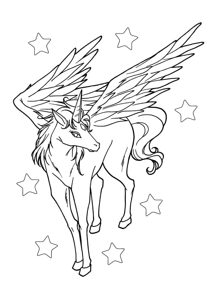Pre-K worksheet page featuring a winged unicorn flying past a vibrant rainbow for coloring