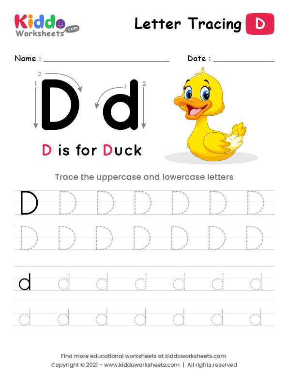 Child tracing dotted lines and the letter D on a pre-K writing practice worksheet to develop fine motor skills