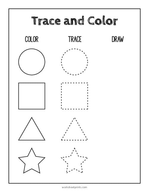 Pre-K geometry worksheet featuring various shapes to trace and color for fine motor development