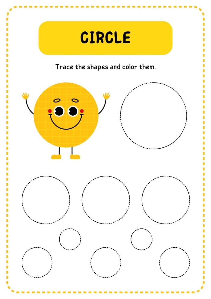 Pre-K worksheet showing various shapes to trace and color for fine motor skill development