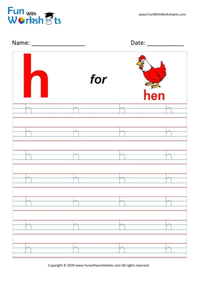 Worksheet image for tracing the letter H, designed for early writing practice in preschool Practice Tracing the Letter H worksheet for Pre-K children to develop fine motor skills