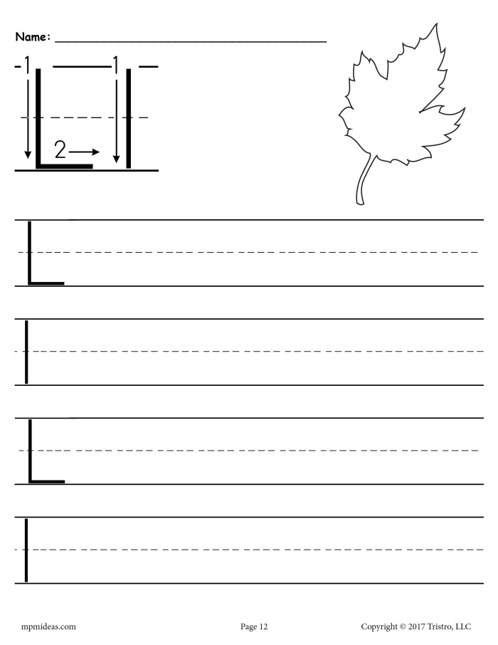 Worksheet for practicing tracing the letter L with fine motor skills activities