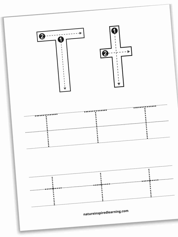 Writing worksheet for Pre-K Worksheet for practicing tracing the letter T, designed for pre-K children to improve fine motor skills. Practice Tracing the Letter T worksheet for prekindergarten students.