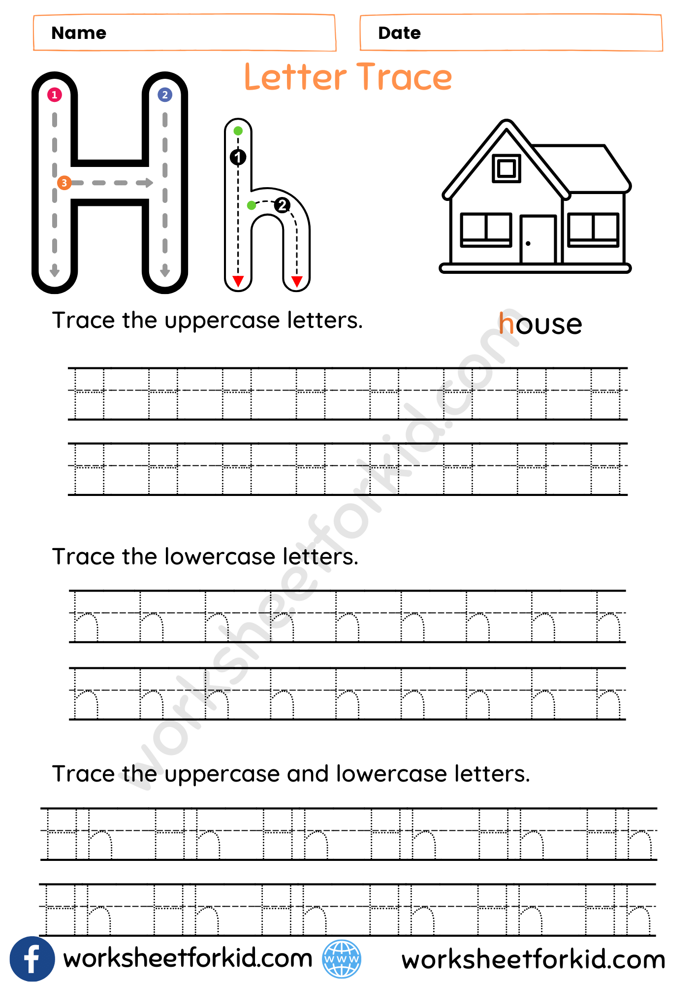 Practice Tracing the Letter H worksheet for Pre-K students Kids practicing fine motor skills while tracing the letter H on a worksheet
