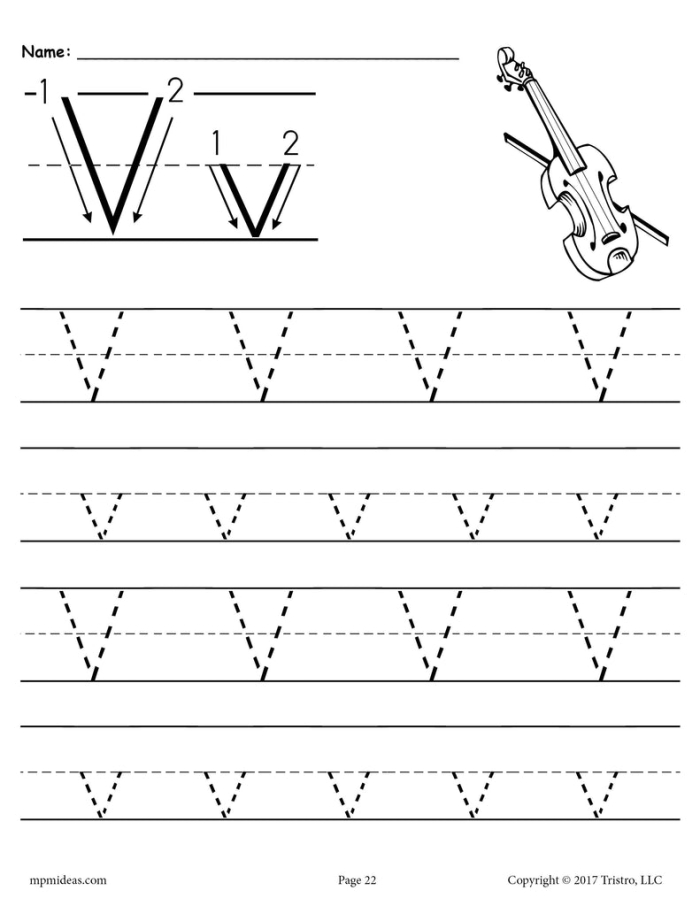 Engaging worksheet for kids to trace lines and the letter V in geometry activities Practice Tracing the Letter V worksheet for prekindergarten children focusing on fine motor skills