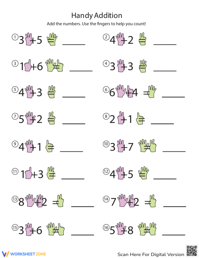 Kindergarten student using fingers to solve simple addition problems on a worksheet