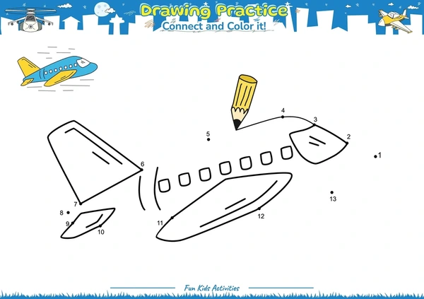 Kindergarten student drawing a landscape around a cartoon airplane on a geometry worksheet