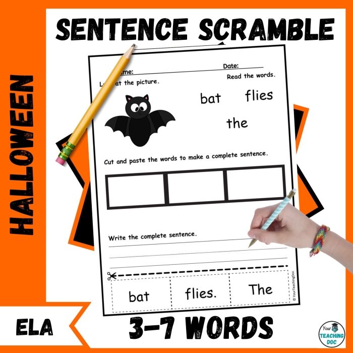 Kindergarten student completing a Halloween sentence fill-in-the-blank worksheet with picture clues