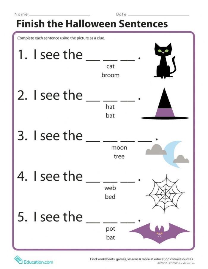 Kindergarten student filling in missing words on a Halloween themed sentence worksheet