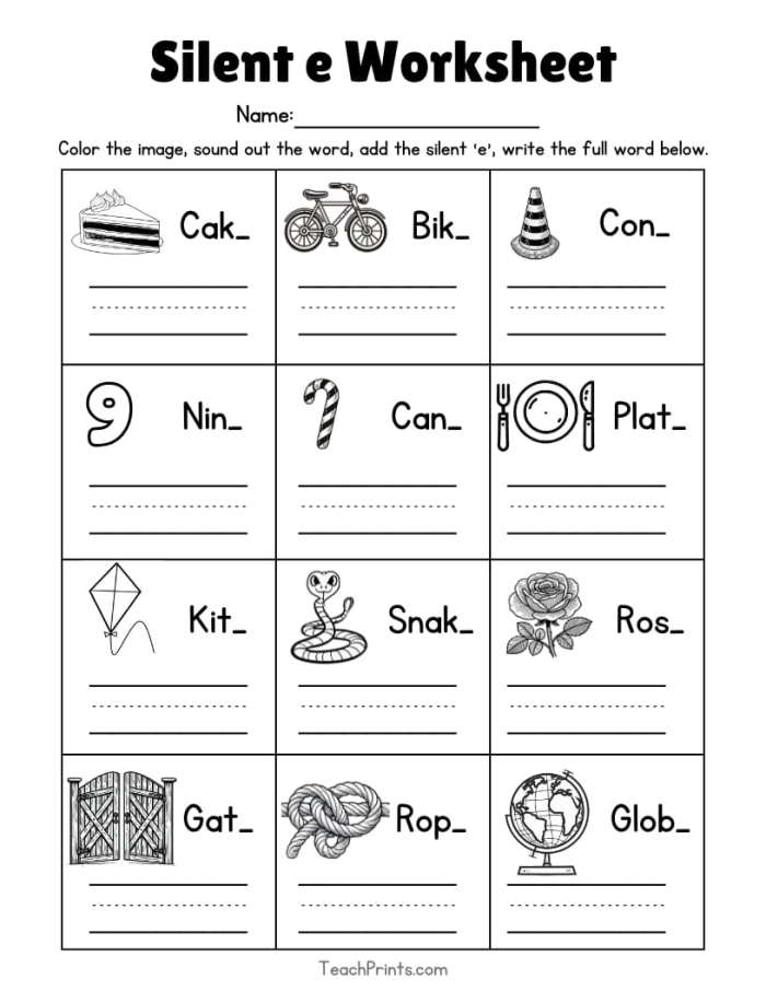Finish the Silent E Words worksheet for kindergarten grammar skills Kids practicing spelling long vowel words with a silent E worksheet