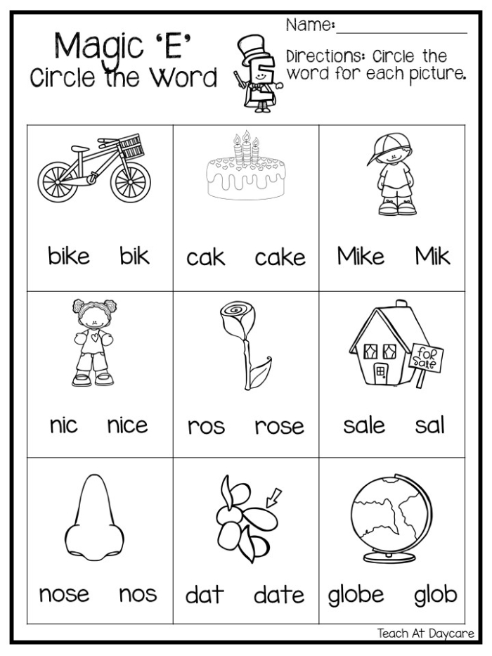 Engaging silent E activity for kindergarten grammar lessons Kids practicing long vowel sounds with the Finish the Silent E Words worksheet
