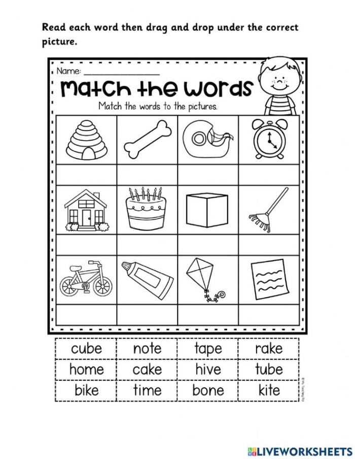 Engaging worksheet for kindergarteners to learn silent E word spelling Kids practicing long vowel sounds with the Finish the Silent E Words worksheet