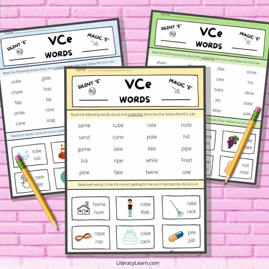 Interactive worksheet for kindergarteners to explore silent E spelling patterns Children practicing long vowel words with the Finish the Silent E Words worksheet