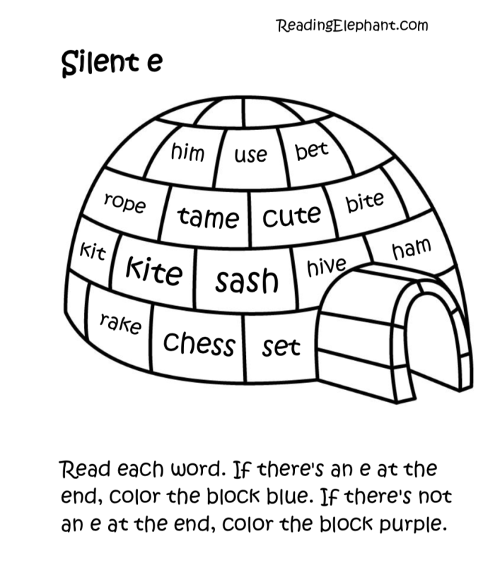 Interactive worksheet for Kindergarten students focusing on silent E vocabulary Kids practicing long vowel sounds with a Finish the Silent E Words worksheet