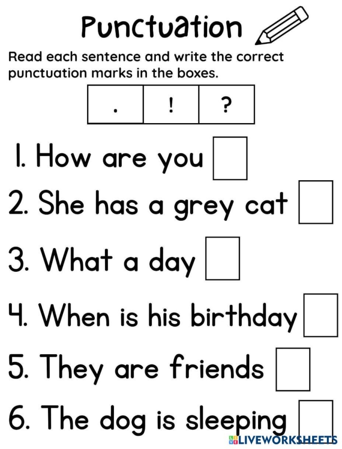 Finish That Sentence: Punctuation worksheet for early readers Worksheet featuring exercises on ending punctuation for Pre-K children