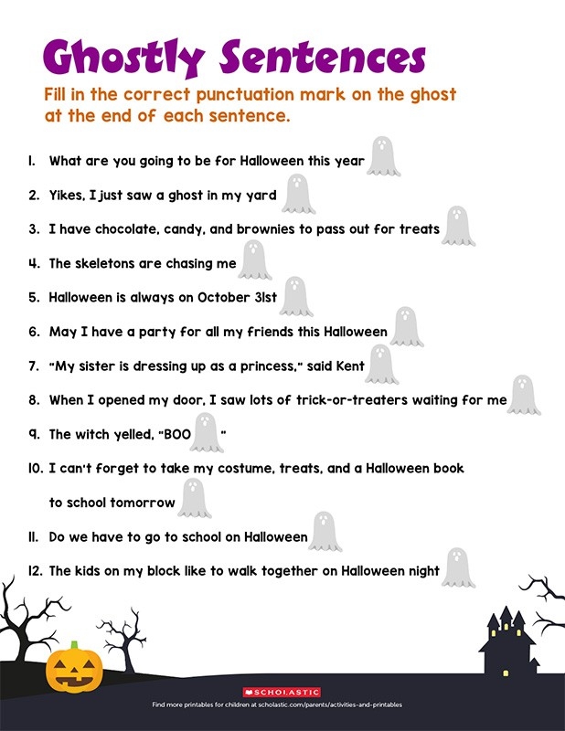 Kindergarten student completing a Halloween-themed sentence building worksheet with picture clues